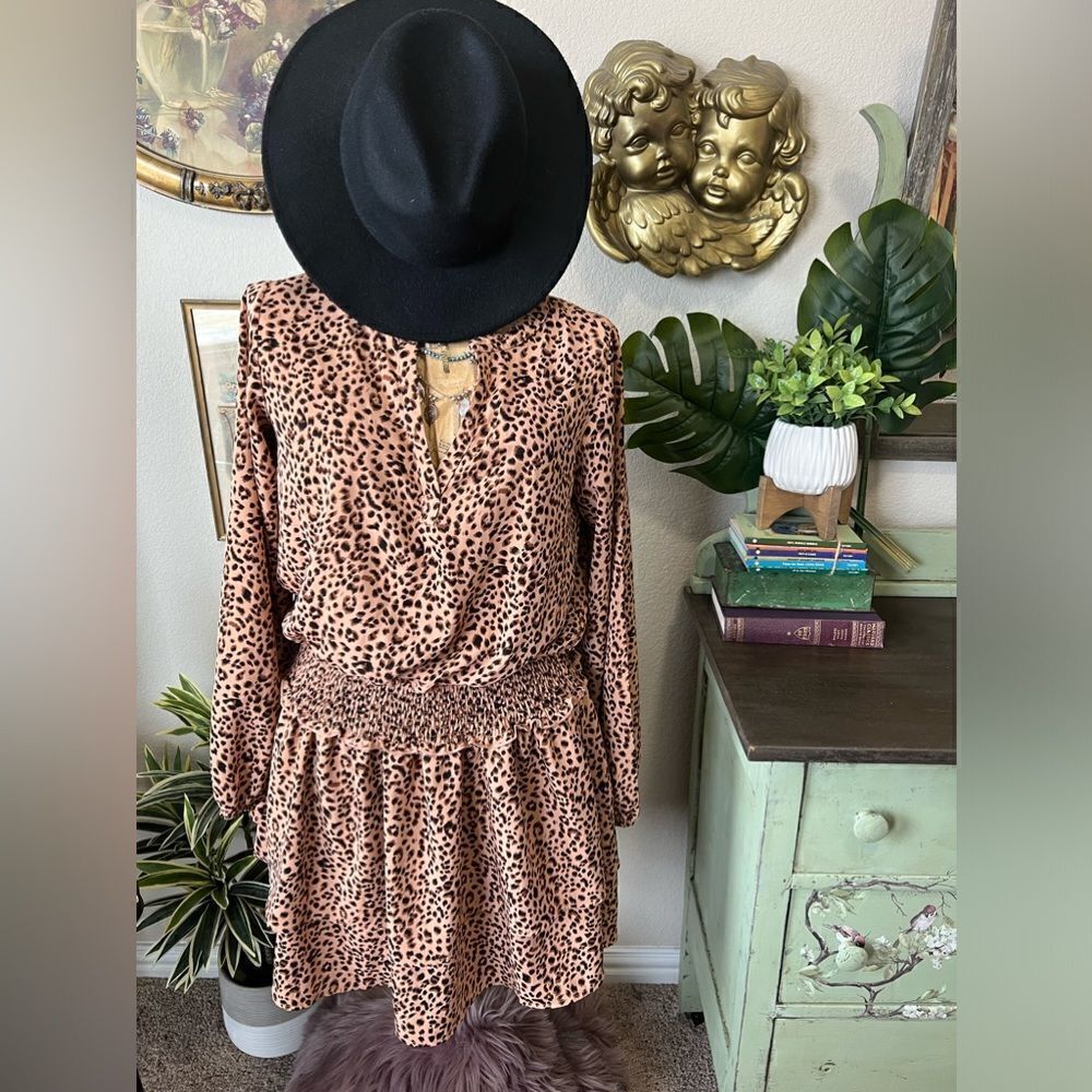 Mittoshop Leopard Cheetah Print Brown Black V Neck Elastic Waist Mini Dress Sz M